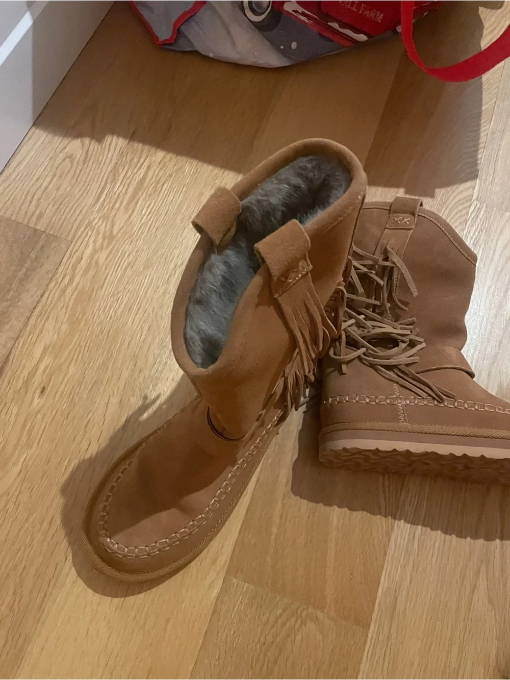 Fringe Lace-Up Winter Boots in Tan - Women's Comfort Style